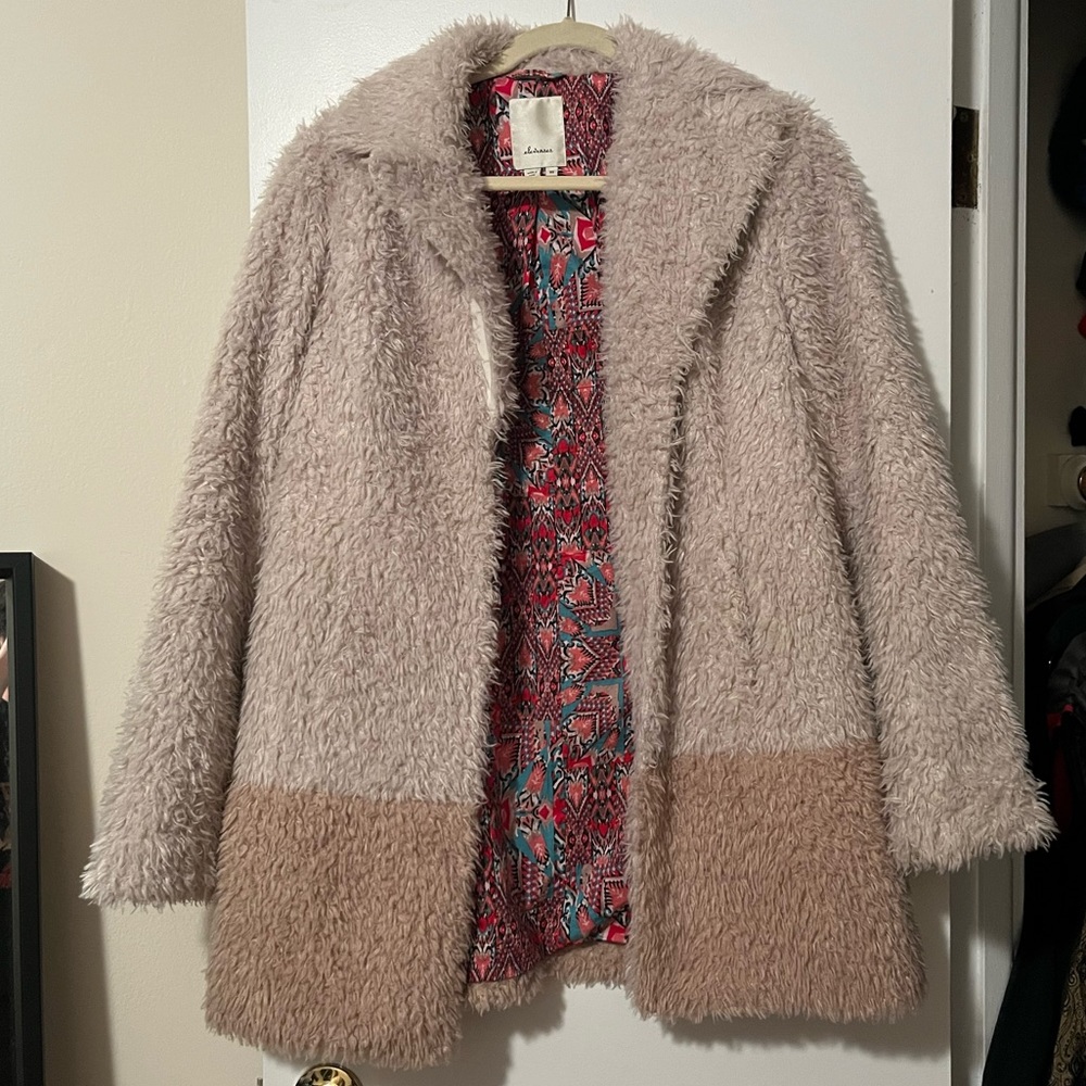 Anthropologie Elevenses Fira Faux Fur Sherpa Tan and Cream Coat